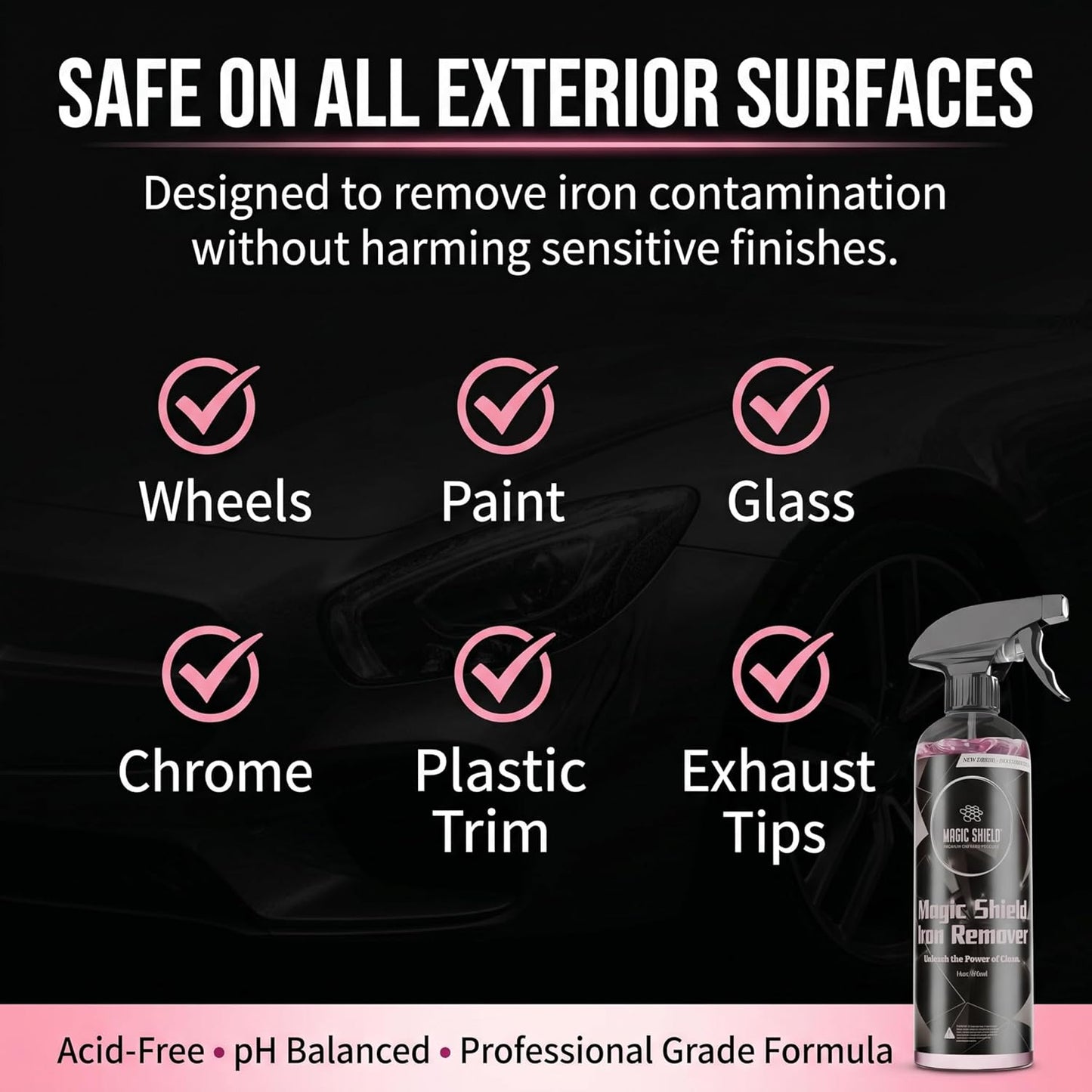 Magic Shield Iron Remover Spray for Cars 16oz - pH-Neutral Iron and Fallout Remover for Car, Motorcycle, RV & Boat | 5-Minute Reaction, Effective on Wheels & Paint | All-In-One Solution