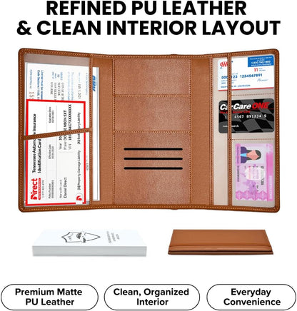 LINTRU Car Registration and Insurance Holder Trifold, Oversized Fit with Reinforced Construction, Matte PU Leather Vehicle Glove Box Organizer for Documents, Car Accessories for Men and Women