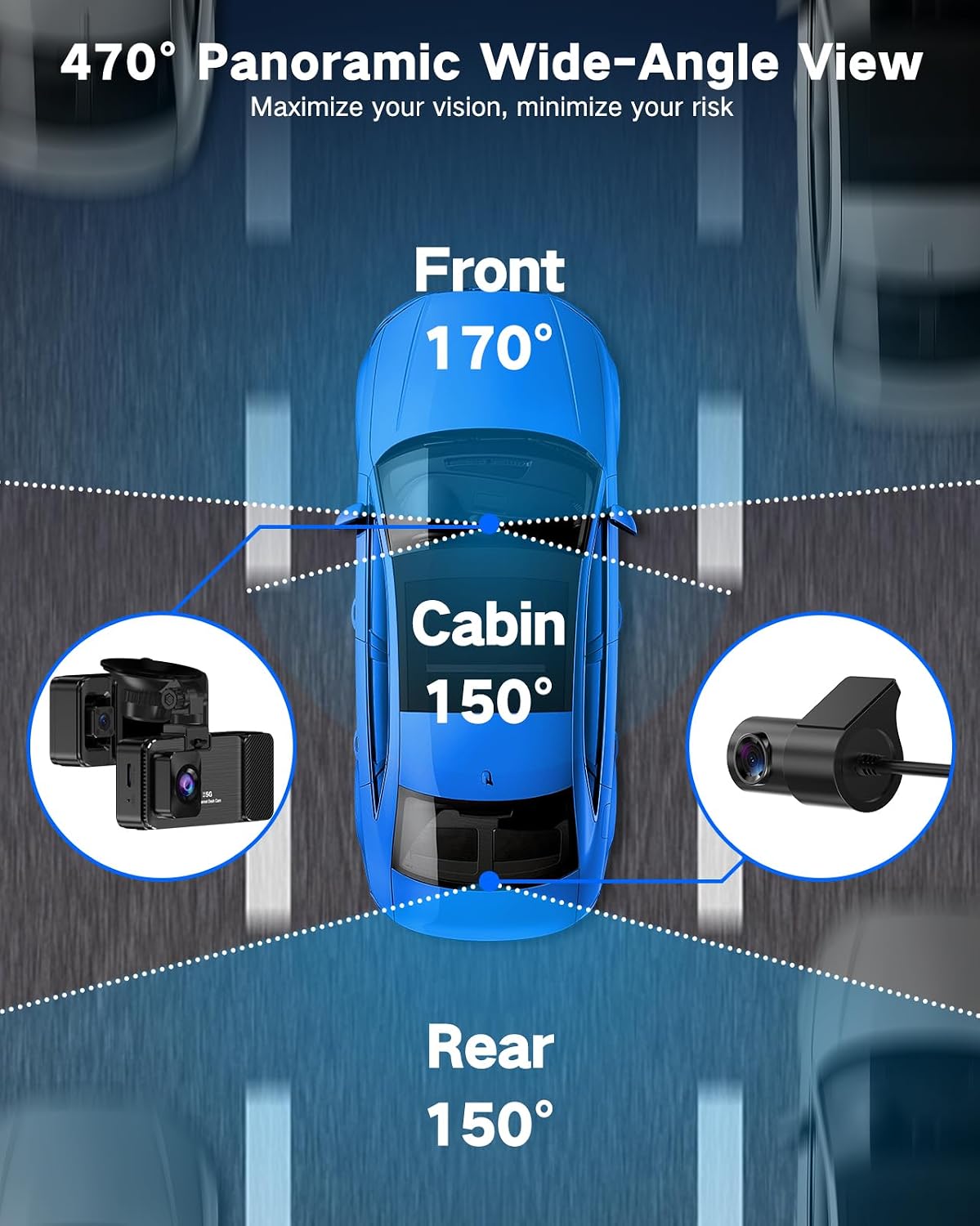 WECOOL 4K UHD 3 Channel Dash Cam Front and Rear Inside, Free 64GB Card Included, 360° Wide-Angle Full-View Dash Camera for Cars with Night Vision, 24H Parking Mode, G-Sensor, Loop Recording, 5GHz WiFi