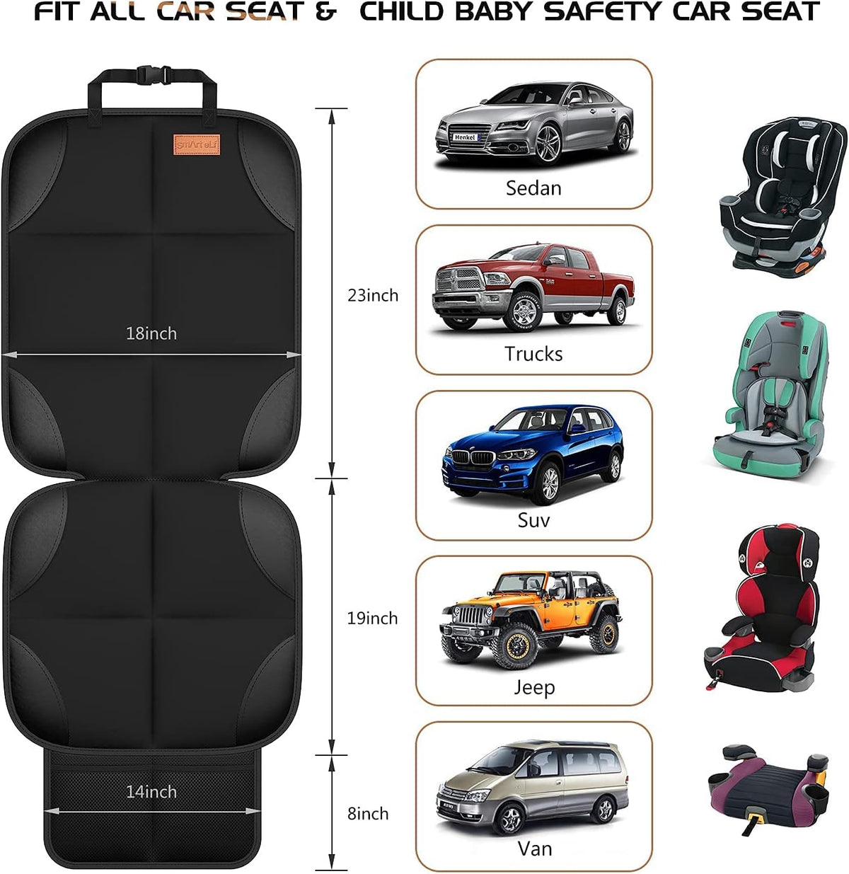 SMART ELF Car Seat Protector, 2Pack Seat Protector Protect Child Seats with Thickest Padding and Non-Slip Backing Mesh Pockets for Baby and Pet,Sedan SUV Truck (Black)