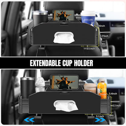 5-in-1 Back Seat Car Organizer and Storage with Extendable Cup Holder, Tissue Holder, Phone Holder, Hanging Hooks, Trash Bin, Back of Seat Car Headrest Organization Accessories for Women Man