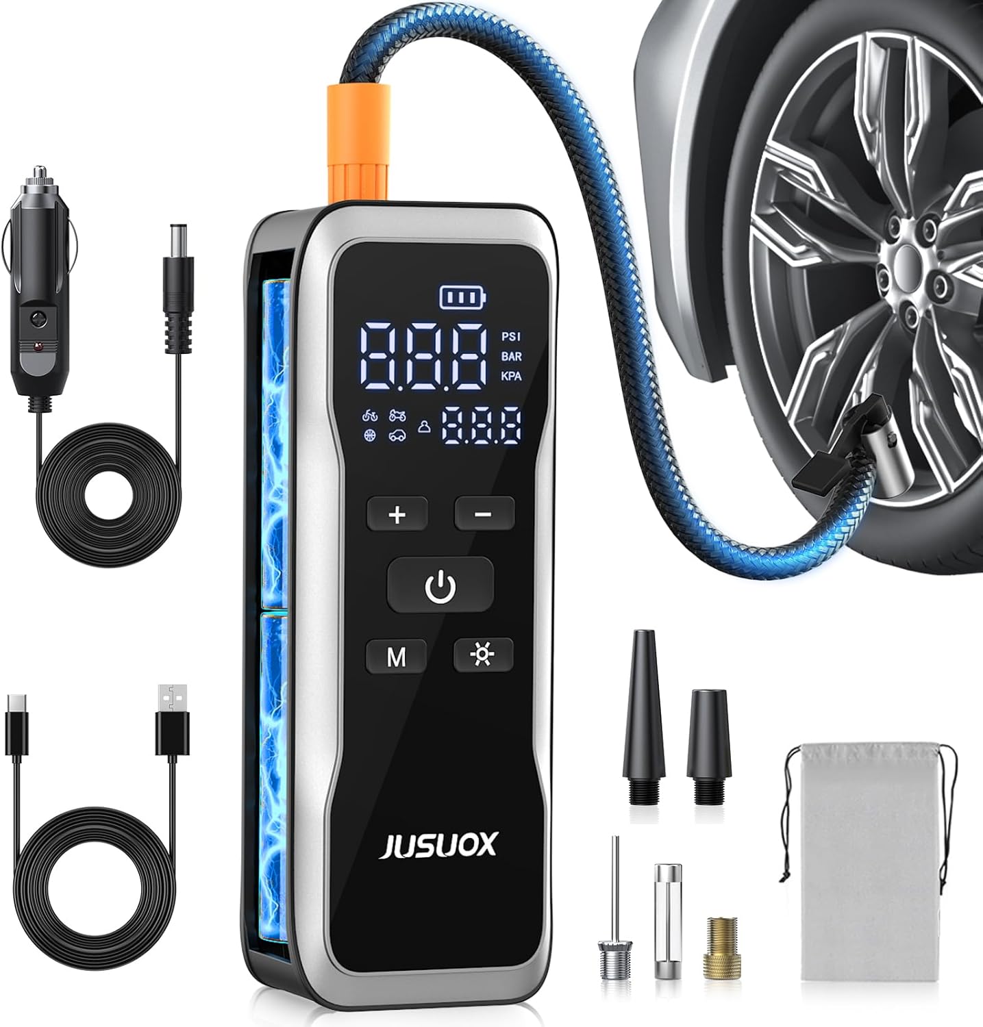 JUSUOX Tire Inflator Portable Air Compressor, Dual Power (Cordless & 12V DC) Air Pump for Car Tires, 150PSI Fast Air Pump for Moto, Bike, Large Capacity Battery, Digital Gauge with Emergency LED Light