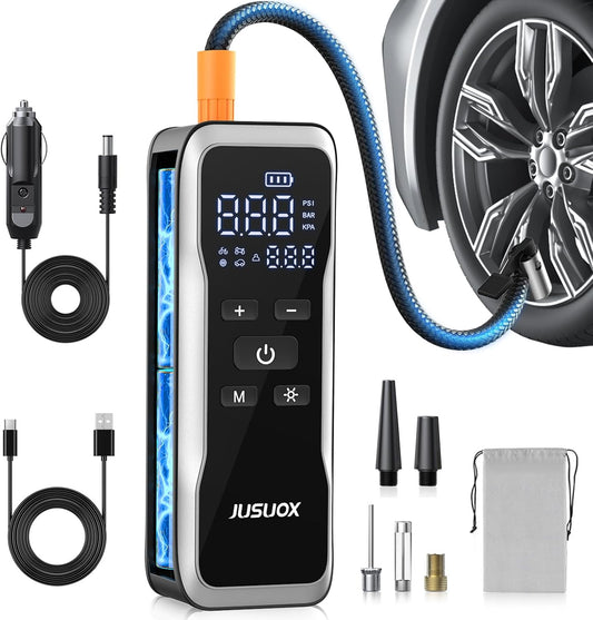 JUSUOX Tire Inflator Portable Air Compressor, Dual Power (Cordless & 12V DC) Air Pump for Car Tires, 150PSI Fast Air Pump for Moto, Bike, Large Capacity Battery, Digital Gauge with Emergency LED Light