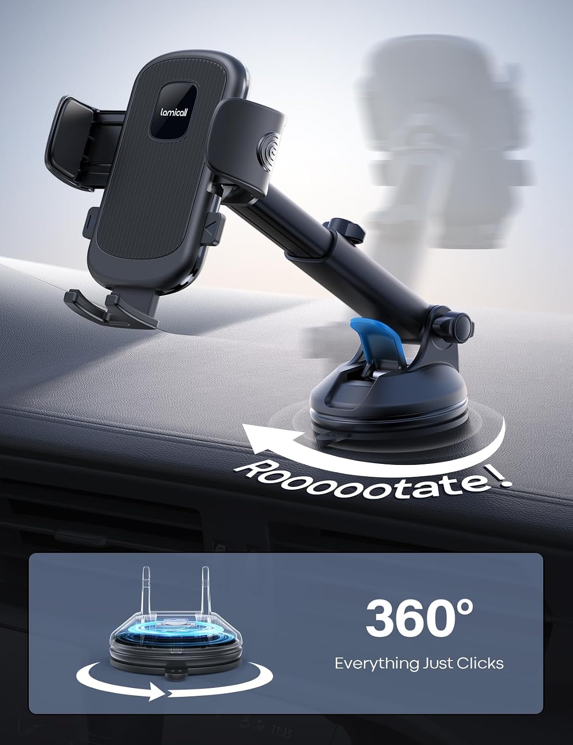 Lamicall Car Phone Holder - [Strongest Military-Grade Suction Cup] 360° Rotation Phone Holders for Your Car Quick Release Adjustable Phone Mount for Car Dashboard for iPhone 17 16 Pro Max Galaxy Truck
