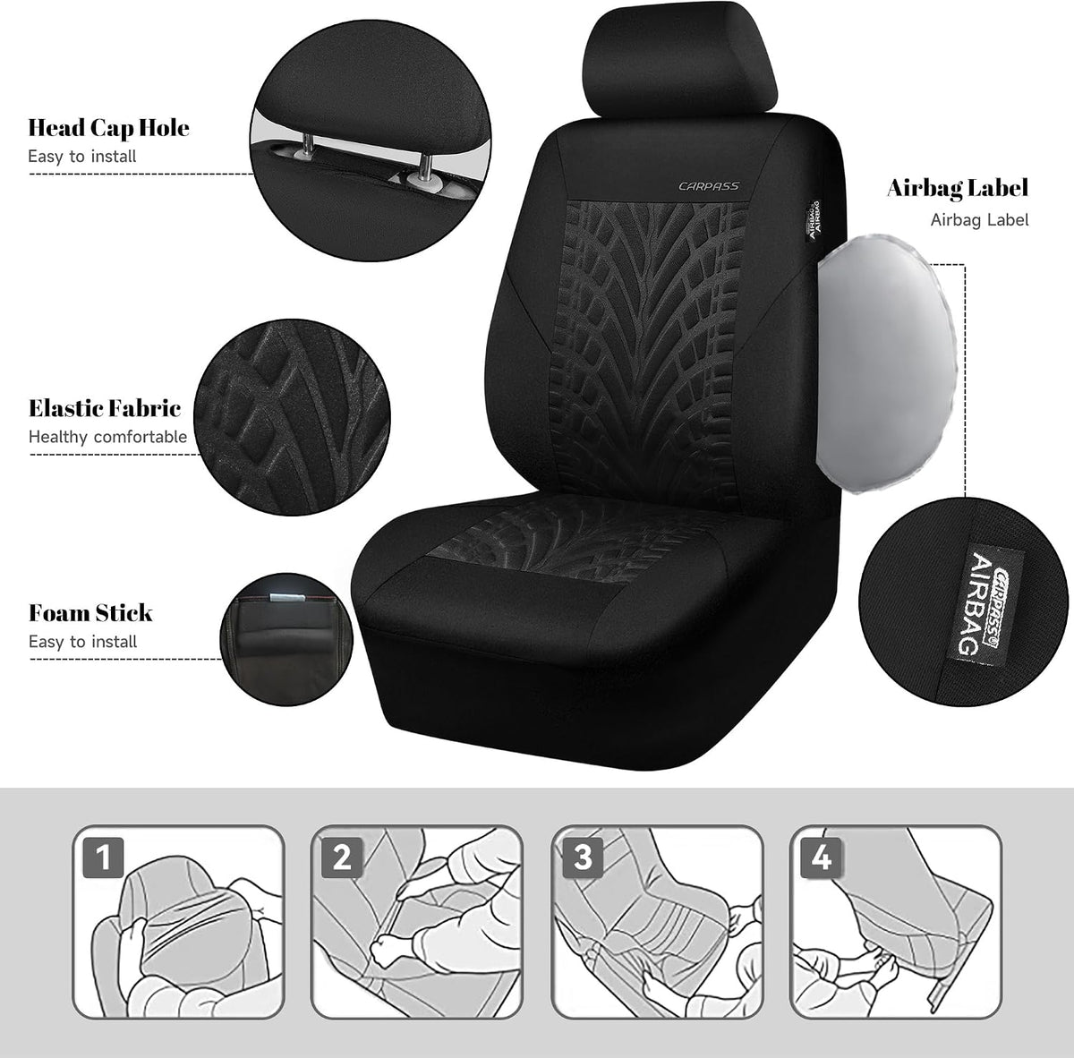 CAR PASS Car Seat Covers Full Sets, Front & Split Rear Bench for Car, 3D Tyre Embossed Automotive Interior Covers, Airbag Compatible, Quick Setup Universal Fit Seat Covers for Car, SUV(Charcoal)