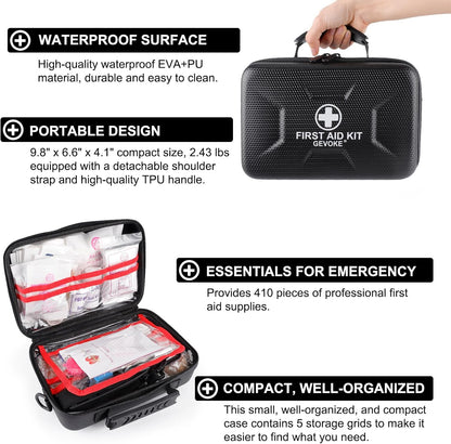 Gevoke 410 Piece Waterproof Hard Shell First Aid Kit for Home, Car, Travel, Camping, Truck, Hiking, Sports, Office, Vehicle & Outdoor Emergencies - Emergency Medical Kits (Red)