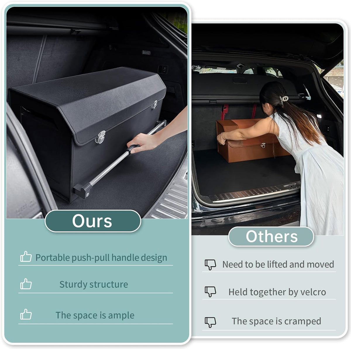 XCF Car Trunk Organizer, Leather Trunk Organizer for SUV with Lid and Sturdy Handle Car Storage Organizer (Black, 20.47 x 11.42 x 12.2in)