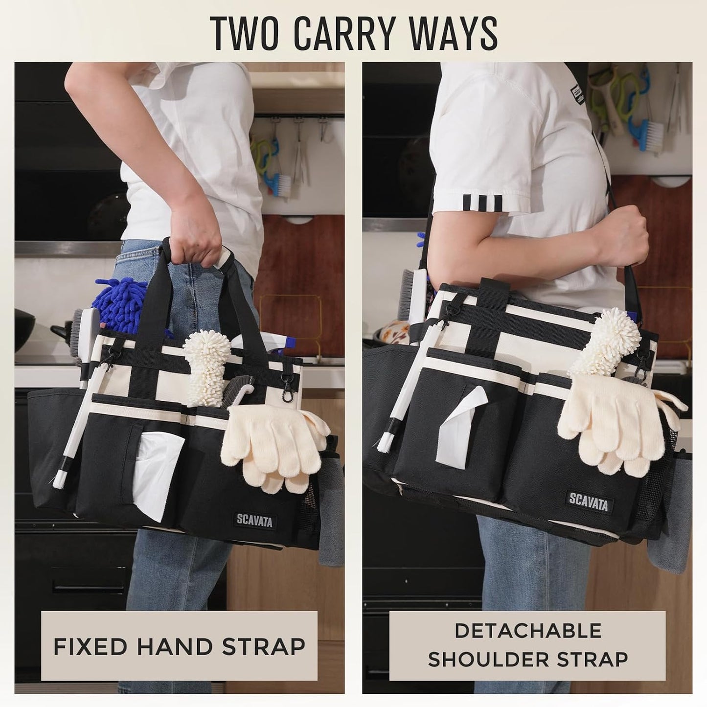 SCAVATA Compact Wearable Cleaning Caddy, Small Supplies Organizer with Handle & Shoulder Straps for Housekeepers, Under Sink & Car Cleaning Tool Organizer Bag (Black)