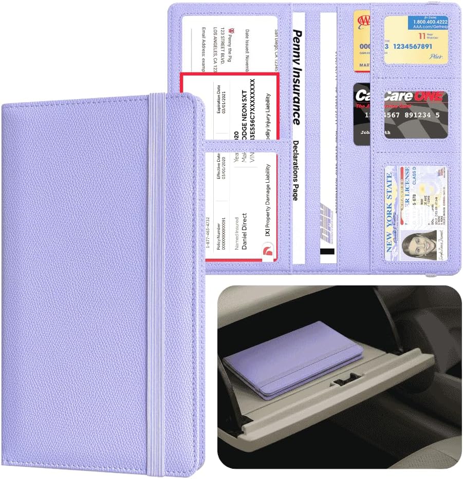 LINTRU Car Insurance and Registration Card Holder, Fits Folded Registration Papers, Double-Stitched Rigid Backing, Secure Elastic Closure, Vehicle Document Organizer, Car Accessories for Men & Women