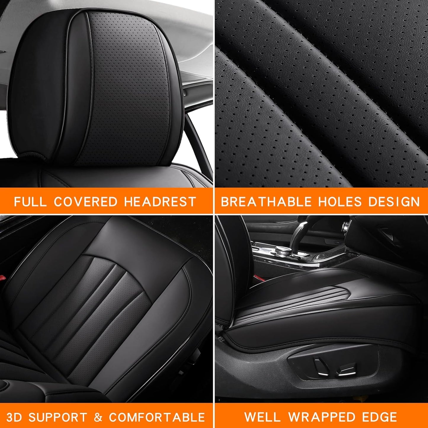 MINGBRON Car Seat Cover Full Set, Leather Car Seat Cover, Waterproof Seat Covers, Car Seat Cushion, Nappa Leather Seat Covers Car Seat Protector Universal Fit Most Cars Black