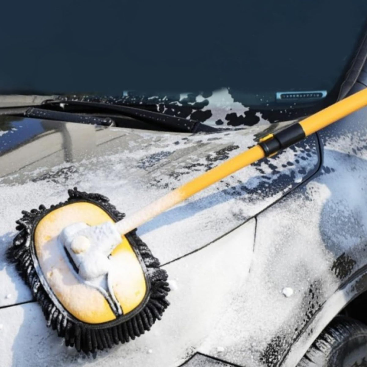 57'' Car Wash Brush with Long Handle Chenille Microfiber Car Wash Kit， Mitt Retractable Bent Pole Car Wash Brush for Cars RV Truck Boat (Yellow)