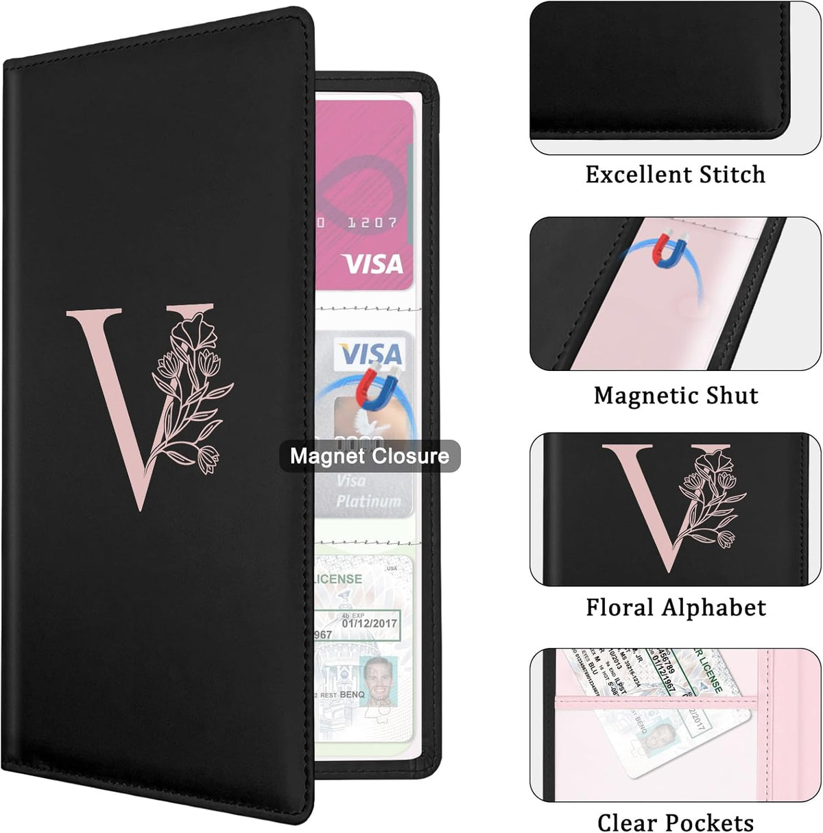 Letter Car Registration and Insurance Holder, with Magnetic Closure for License, Cards and Documents,Vehicle Glove Box Car Organizer, Interior Car Accessories for Women Men (M)