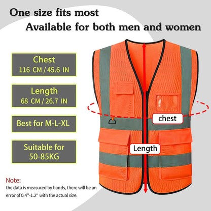 Reflective Mesh Safety Vest, Breathable Hi Vis Vest Construction Work with 5 Pockets and Zipper for Men Women