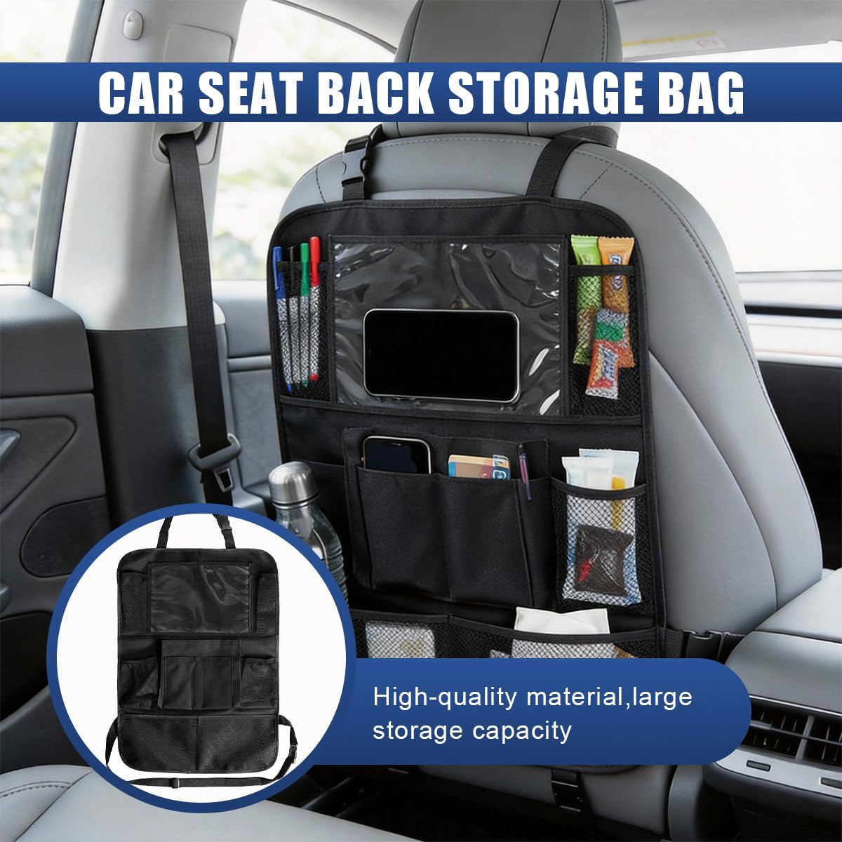 Craedli Car Backseat Organizer, Oxford Cloth Auto Seat Kick Mats with Clear Tablet Holder & 9 Pockets, Waterproof Back Seat Protector, Universal Car Road Trip Storage Essential (1PC)