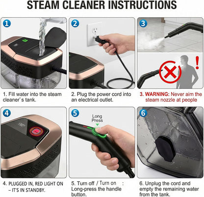 Steam Cleaner, 15s Heat-Up, 1.9QT Tank, 3Level Adjustable Handle, with 16PCS Accessories, Portable Steamer for Cleaning, Steam Cleaner for Home, Car Detailing, Dirt, Grease, Grout, Tile （blackgold）