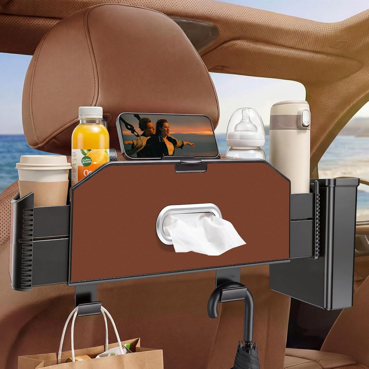 5-in-1 Back Seat Car Organizer and Storage with Extendable Cup Holder, Tissue Holder, Phone Holder, Hanging Hooks, Trash Bin, Back of Seat Car Headrest Organization Accessories for Women Man