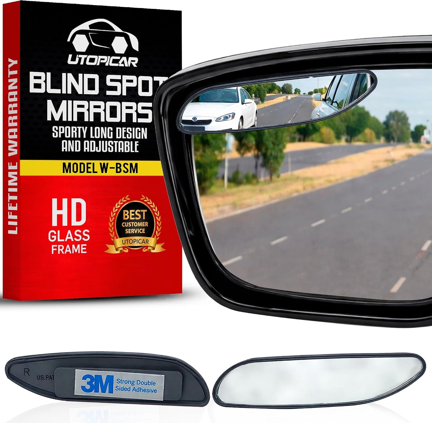 Utopicar Long Blind Spot Car Mirror Aesthetic Convex Mirrors 5.3” x 1.3” - Side Mirror Engineered Design - Up & Down Adjustable - Blind Spot Rear View Mirrors for Car (2-Pack)