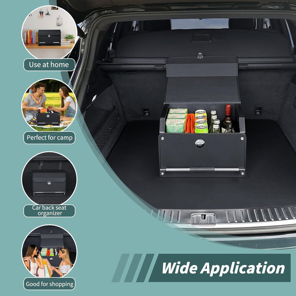 XCF Car Trunk Organizer, Leather Trunk Organizer for SUV with Lid and Sturdy Handle Car Storage Organizer (Black, 20.47 x 11.42 x 12.2in)