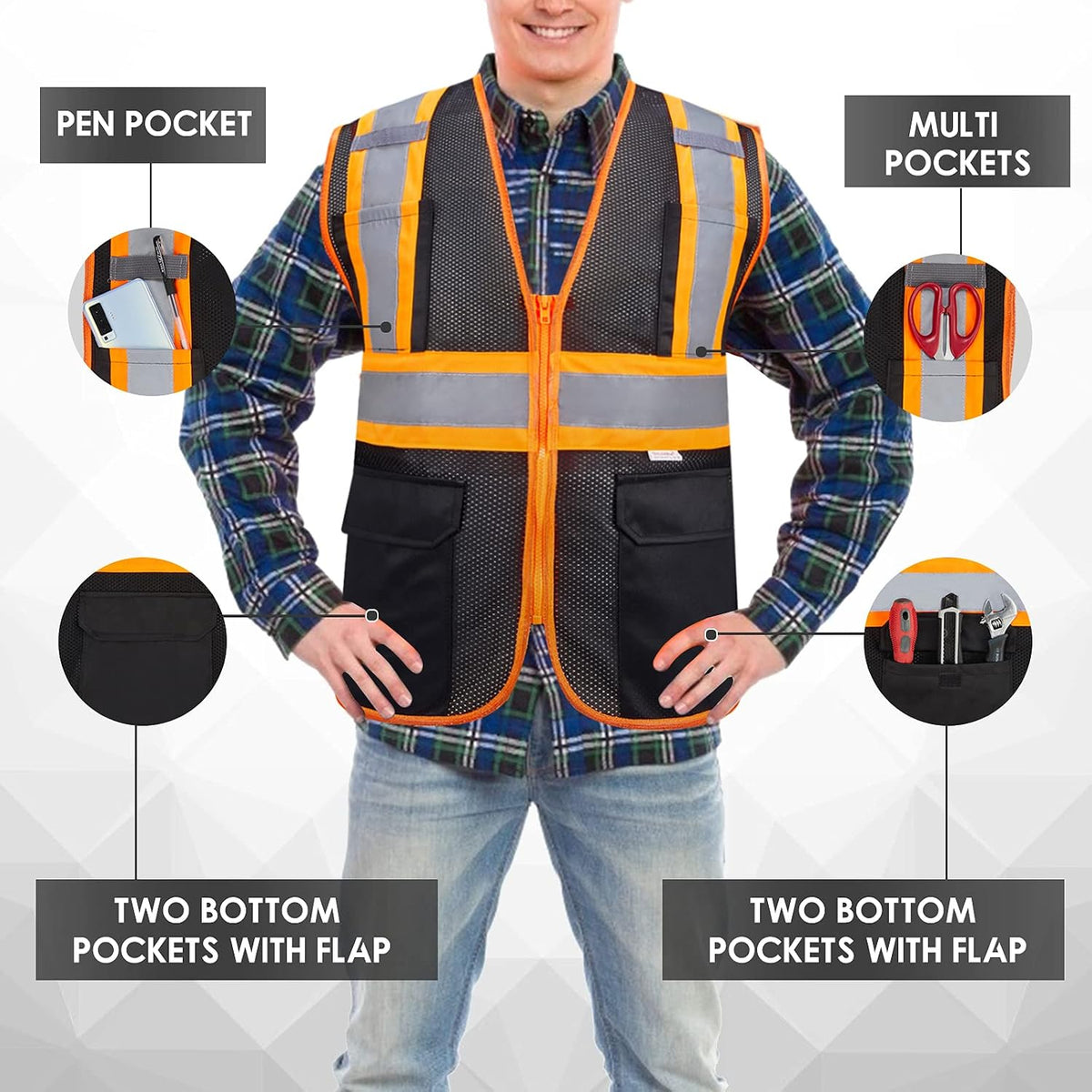 High Visibility Reflective Safety Vest with Zipper and Pockets Orange,M