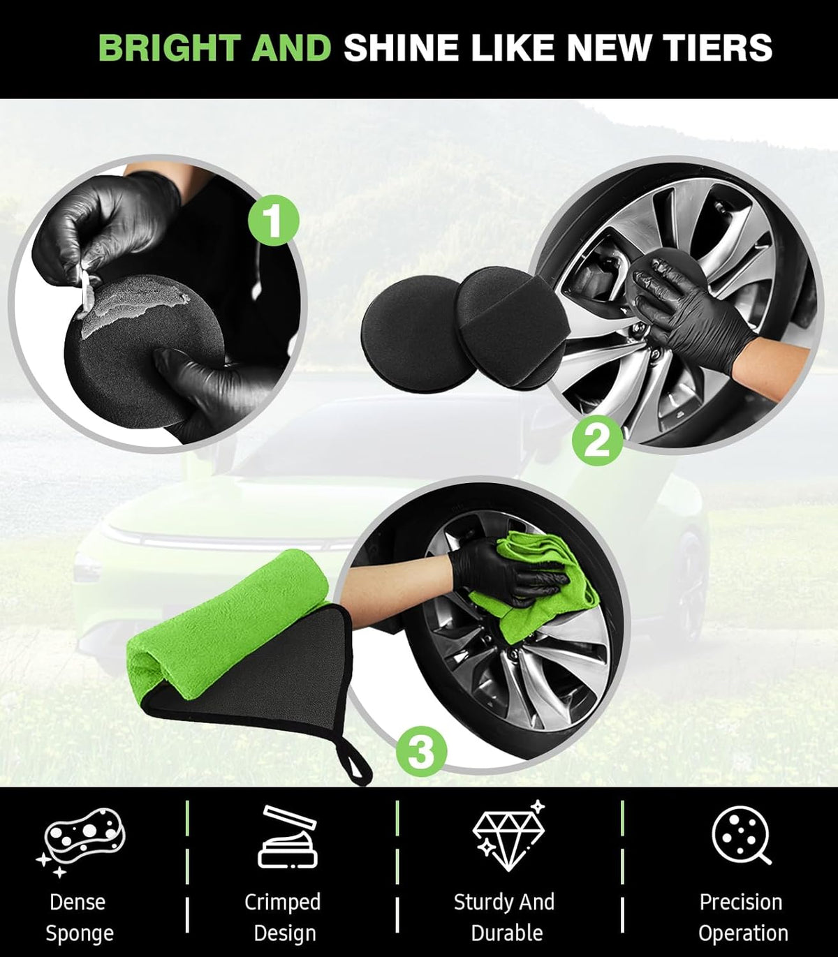 YeewayVeh 3PCS Quick Car Wheel Brush Kit, 2-Size 360° Bendale Rim Cleaner Brushes, Boars Hair Detailing Brush, Fast Scratch-Free Cleaning for Car Wheels, Motorcycle, Green