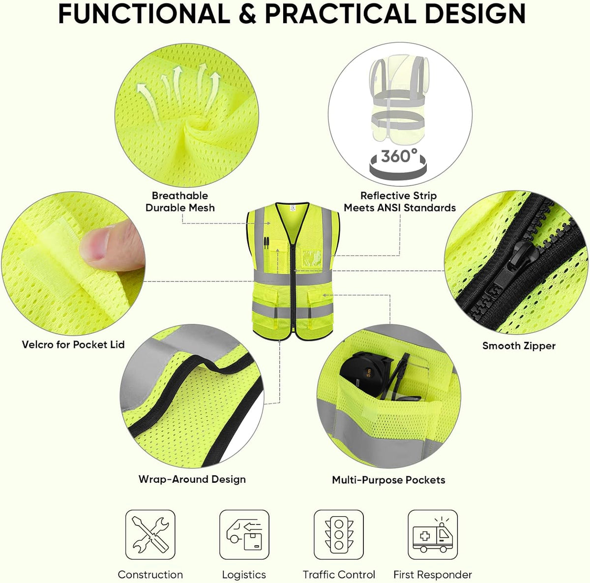 TICONN Reflective Safety Vest High Visibility Class II Mesh Vest for Women & Men Meets ANSI Standards