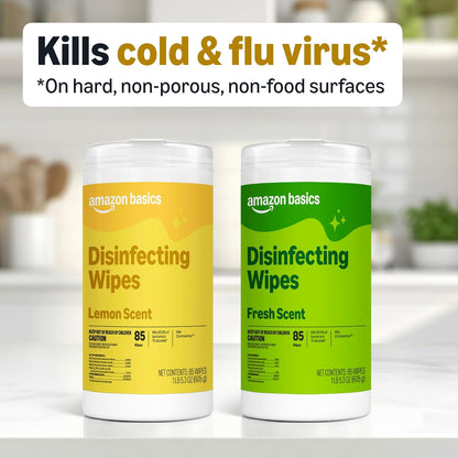 Amazon Basics Disinfecting Wipes, Lemon & Fresh Scent, Sanitizes, Cleans, Disinfects, Deodorizes, 340 Count (4 Packs of 85), Packaging May Vary