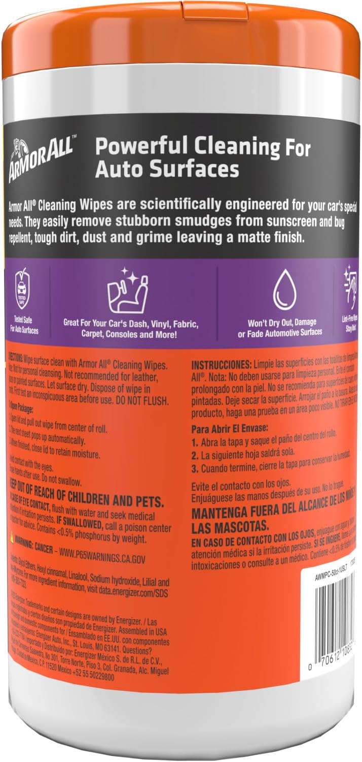 Armor All Car Cleaning Wipes , Wipes for Car Interior and Car Exterior, 50 Wipes Each
