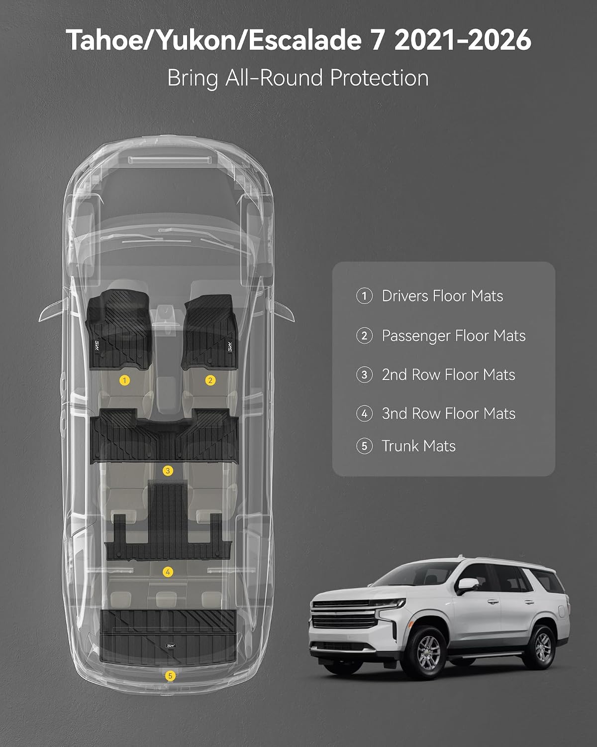 3W Floor Mats & Cargo Liner Fit for 2021 2022 2023 2024 2025 2026 Chevy Tahoe/GMC Yukon/Cadillac Escalade 7 Seat, TPE All Weather Custom Fit Car Accessories Heavy Duty Rubber Full Set Trunk Mats - Colors B