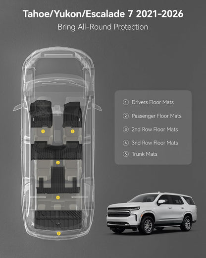 3W Floor Mats & Cargo Liner Fit for 2021 2022 2023 2024 2025 2026 Chevy Tahoe/GMC Yukon/Cadillac Escalade 7 Seat, TPE All Weather Custom Fit Car Accessories Heavy Duty Rubber Full Set Trunk Mats - Colors B