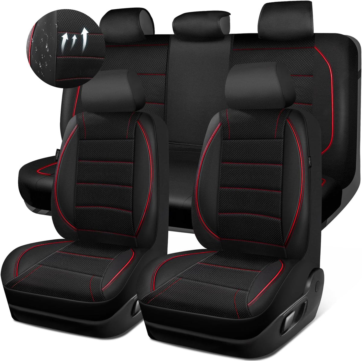 CAR PASS Universal FIT Piping Leather Two Front Seat Covers, Waterproof Faux Leather for SUV Sedan Van Truck, Airbag Compatible,Reserved Opening Holes for Headrest Covers. (Black red)