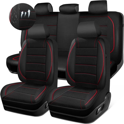 CAR PASS Universal FIT Piping Leather Two Front Seat Covers, Waterproof Faux Leather for SUV Sedan Van Truck, Airbag Compatible,Reserved Opening Holes for Headrest Covers. (Black red)