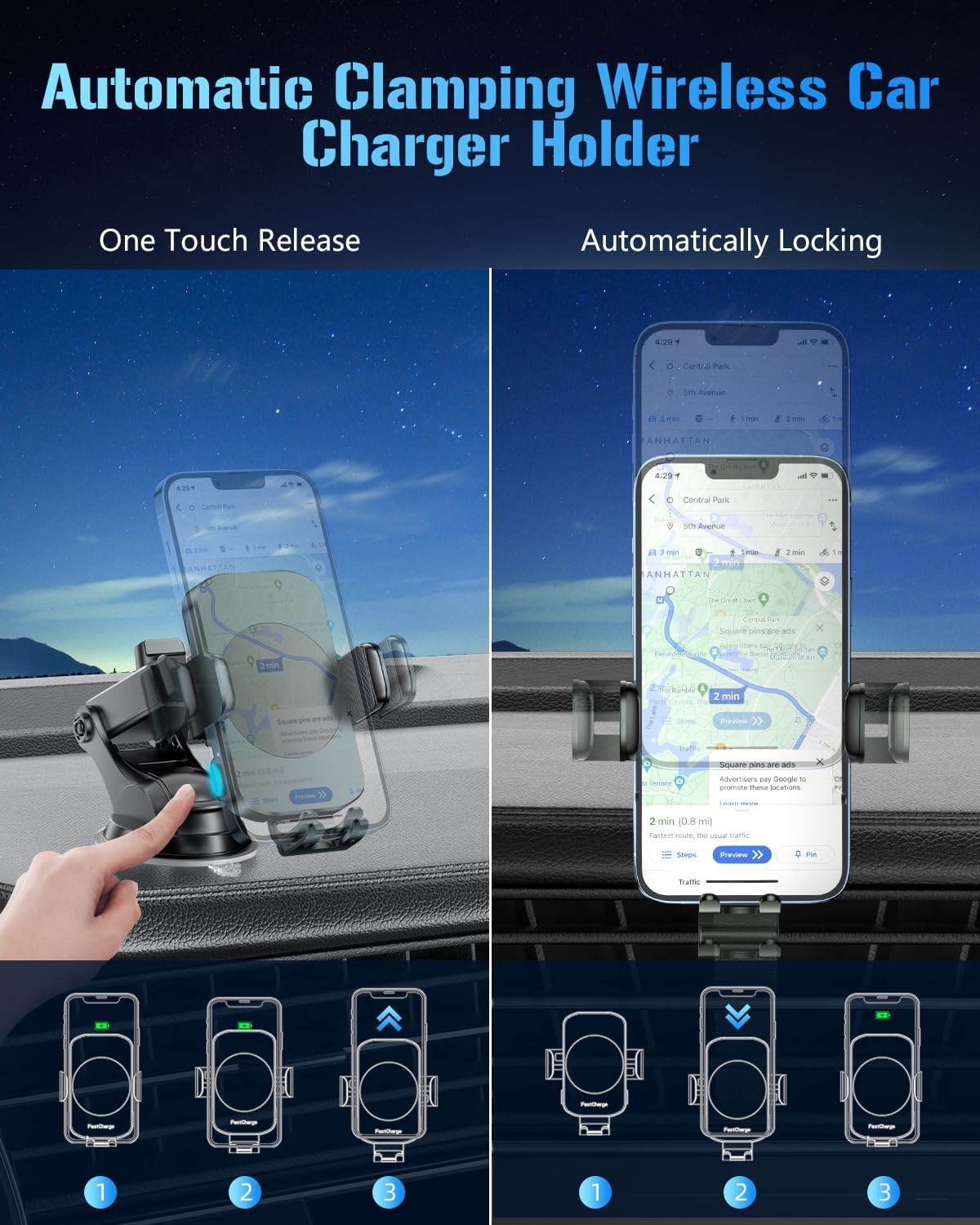 3-in-1 Wireless Car Charger Mount, 15W Fast Charging Auto-Clamping Phone Holder for iPhone 17 16 15 14, Samsung Galaxy S24 S23, Dashboard, Vent & Windshield Car Mount(Black)