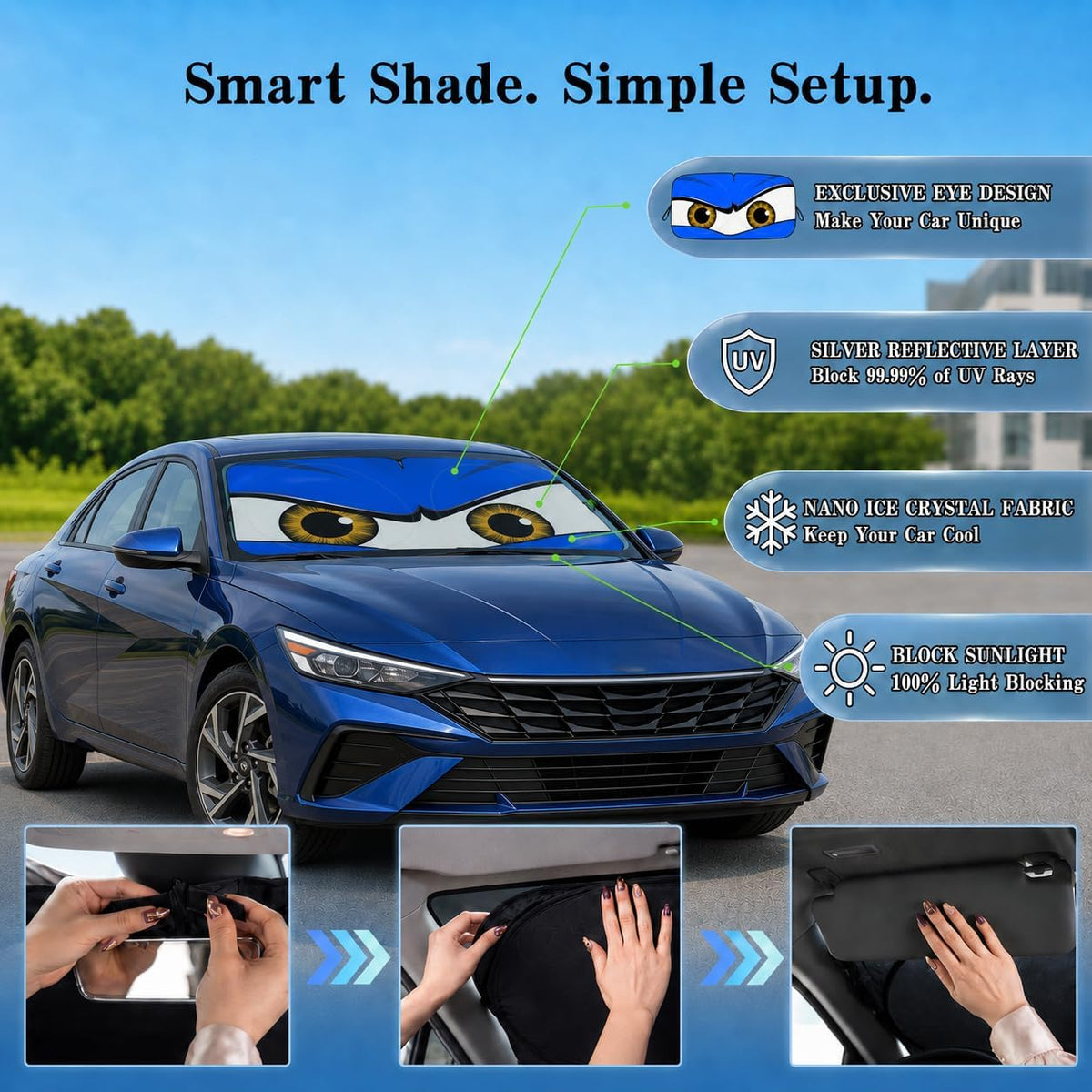 Car Windshield Sun Shade, Funny Cartoon Eyes Sun Visor for Car Windshield Universal Fits Sedan Compact Car Hatchback SUV, UV Heat Protection - 59 x 27.5