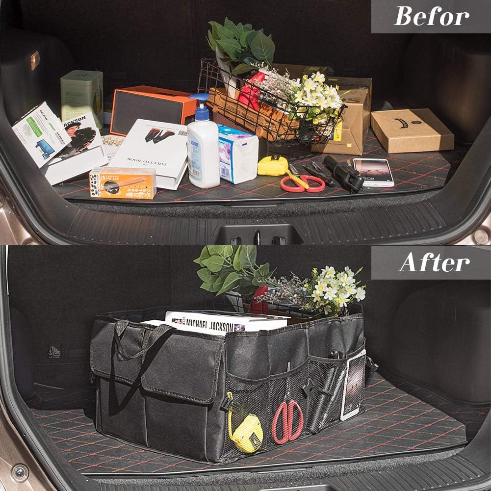 JiatuA Car Trunk Backseat Organizer for SUV, 8 Pocket Waterproof, Dust-proof, Sturdy Foldable Cargo Net Storage for More Trunk Space with Adjustable Straps, Black