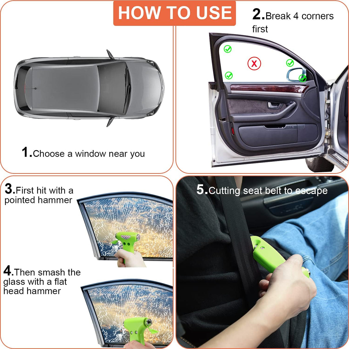 THINKWORK Car Safety Hammer, 3-in-1 Emergency Escape Tool with One Second Window Breaker and Seat Belt Cutter, Safety Emergency Car Escape Tool for Car, Office, Home, Black