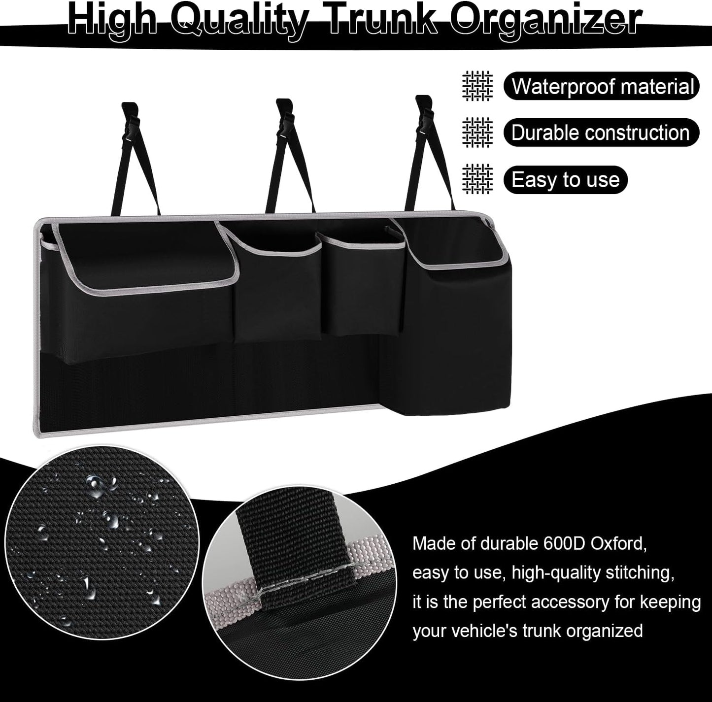 UYYE Trunk Hanging Organizer, Backseat Bag, Car Interior Accessories with 4 Pockets & 2 Mesh Pouches for Groceries, Will Provide More Storage Trunk Space for SUV, Jeep, MPVs
