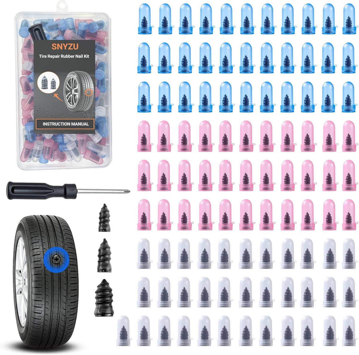 Tire Repair Rubber Nail Kit, Premium Spiral Screw-in Tire Plugs with 2 Sizes, Emergency Roadside Flat Tire Fix Tool for Car Truck Motorcycle Tractor ATV SUV - Fast Self Service Repair, 61 PCS