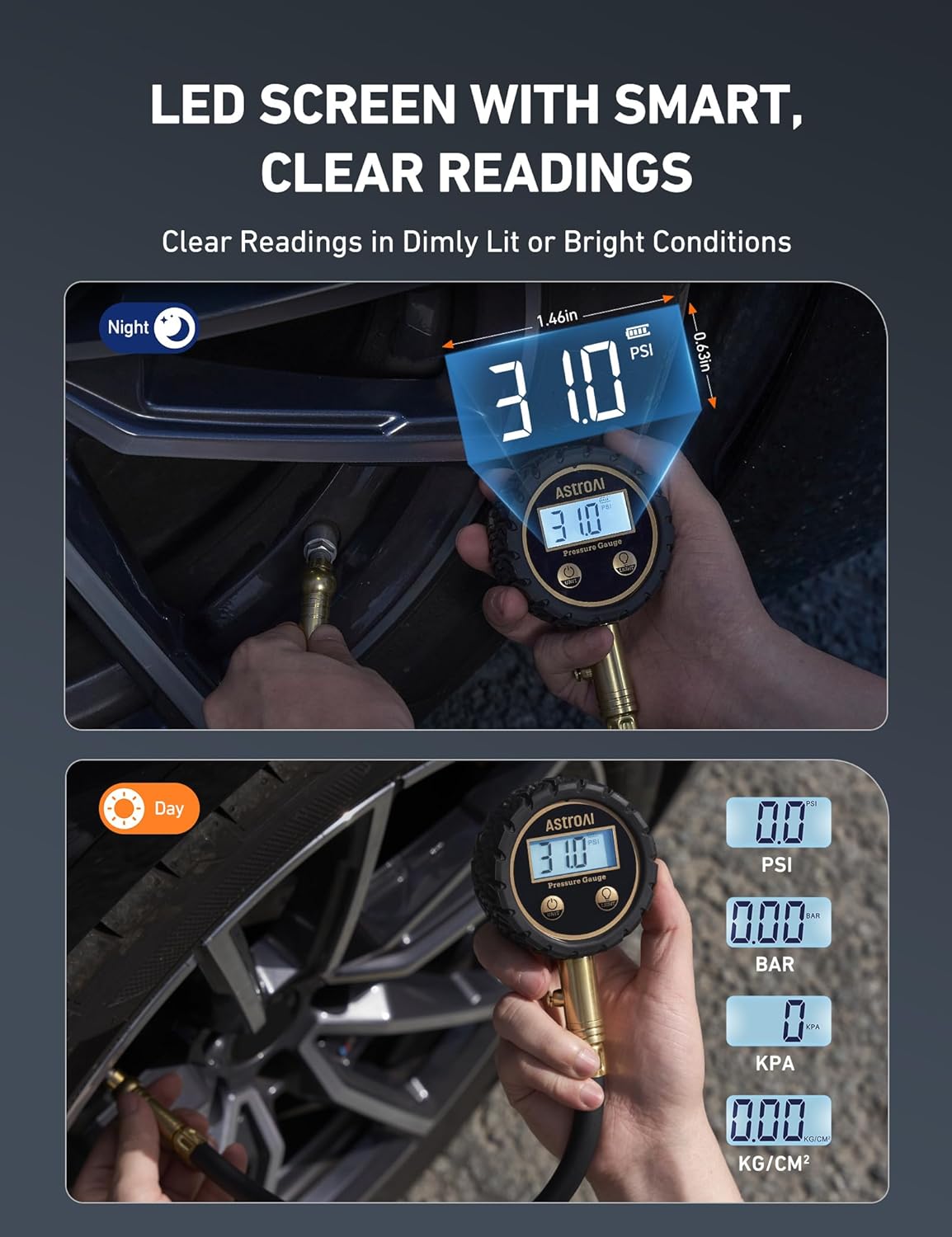 AstroAI Tire Pressure Gauge for Cars with Large 2" Dial, Solid Brass with Rubber Hose, Air Bleeder Valve, ANSI B40.1, 0-60PSI