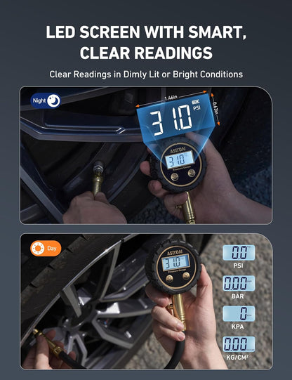 AstroAI Tire Pressure Gauge for Cars with Large 2" Dial, Solid Brass with Rubber Hose, Air Bleeder Valve, ANSI B40.1, 0-60PSI