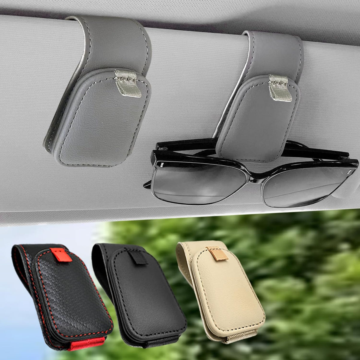 Sunglass Holder for Car, 2 Pack Car Sunglass Holder Visor Clip Magnetic Leather Sun Glasses Eyeglass Hanger, Black, Fit for Different Size Eyeglasses