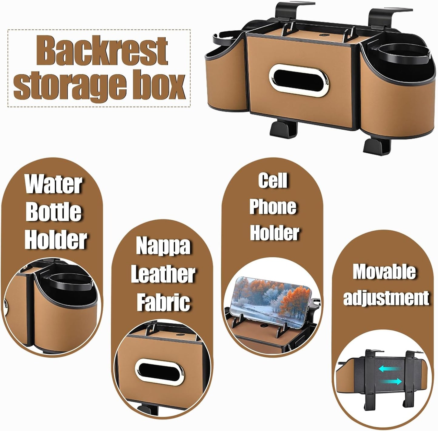 Back Seat Car Organizer,4 in 1 Multifunctional Car Back Seat Storage Box with Drink Cup Holder Tissue Box, for Hold Phone,Snacks, Drinks, Handbag-Black