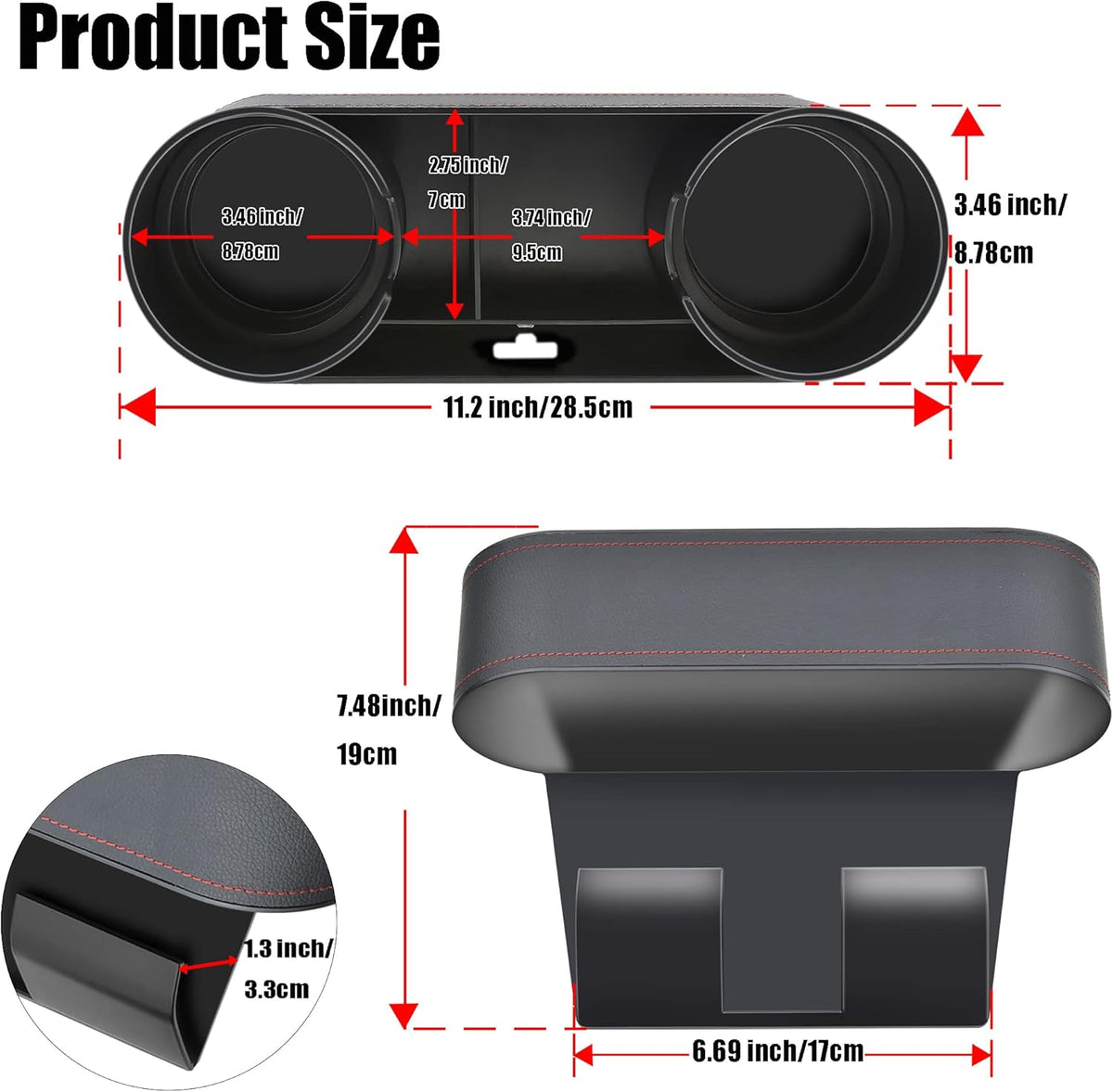 IOKONE Car Cup Holder, Auto Cup Drink Holders，Multifunctional Auto Front Seat Organizer with PU Leather Cover, Gap Filler Storage Box Coin Bucket Console Side Pocket Cell Mobile Phone Holder (Black)
