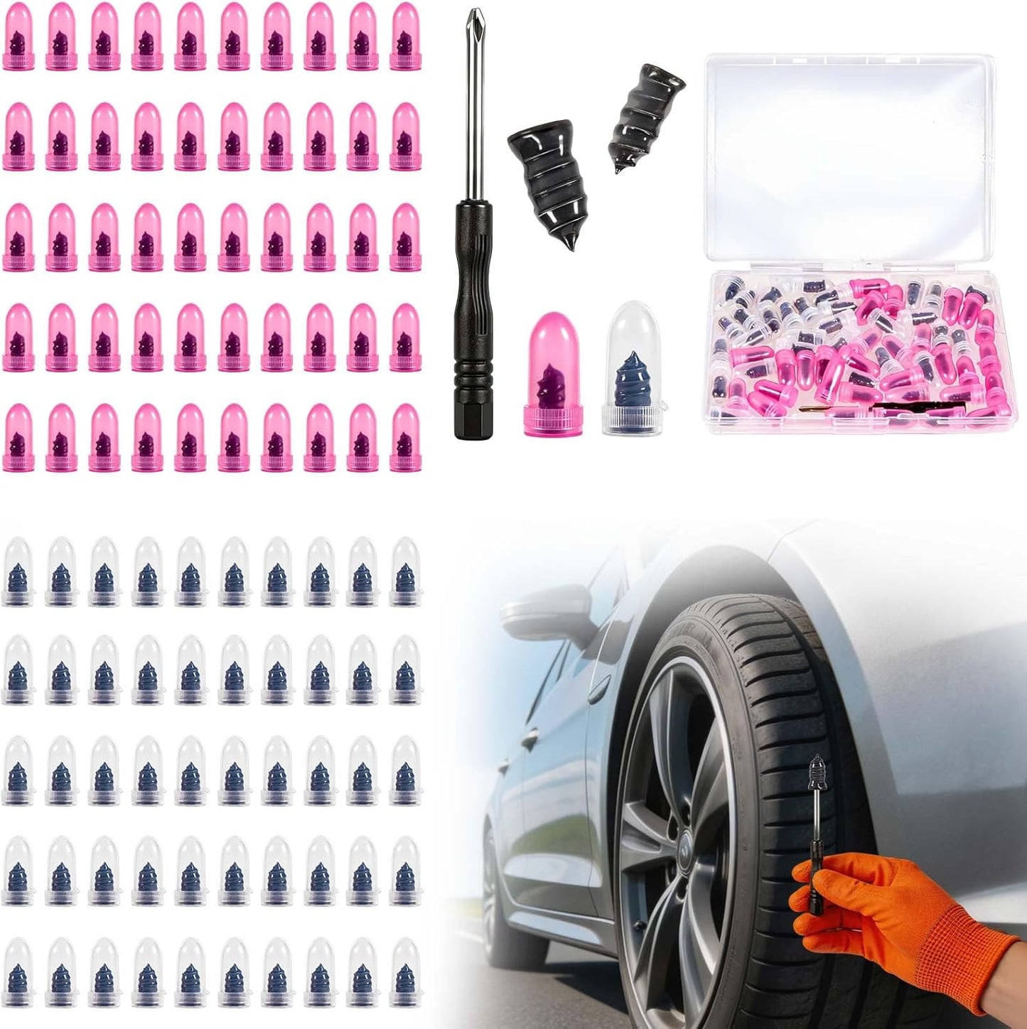61 PCS Tire Repair Rubber Nail, Vacuum Tire Repair Kits Spiral Rubber Nails, Tire Screw Plug Fast Tool Self Service Tire Repair Nail for car, Motorcycle, Truck, Tractor Tire Puncture Repair