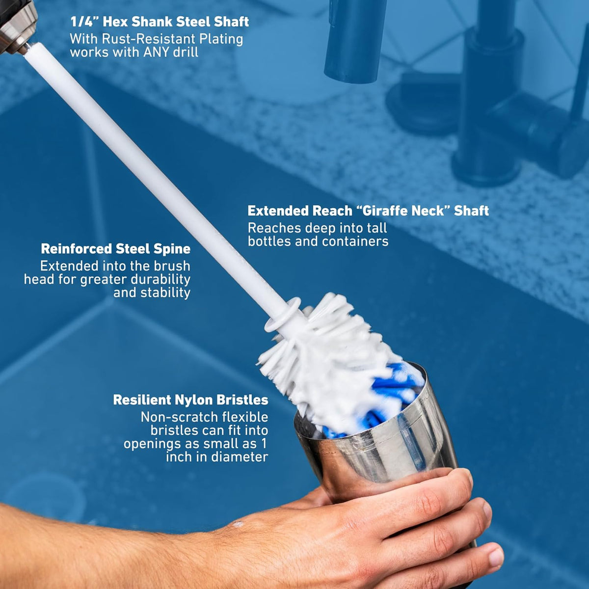 Long Reach Drill Brush Attachment, All Purpose for Car Tires, Wheels, Wheel Wells, Engine Bays, Exhaust Pipes, Running Boards, Hard to Reach Areas, with Heavy Duty Non-Scratch Nylon Bristles