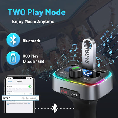 Bluetooth 5.4 Car Adapter 60W Charging USB Bluetooth Adapter for Car,Wireless Fm Transmitter Radio,Handsfree Calling and Audio Receiver,HiFi Music Player,7 Colors LED Backlit
