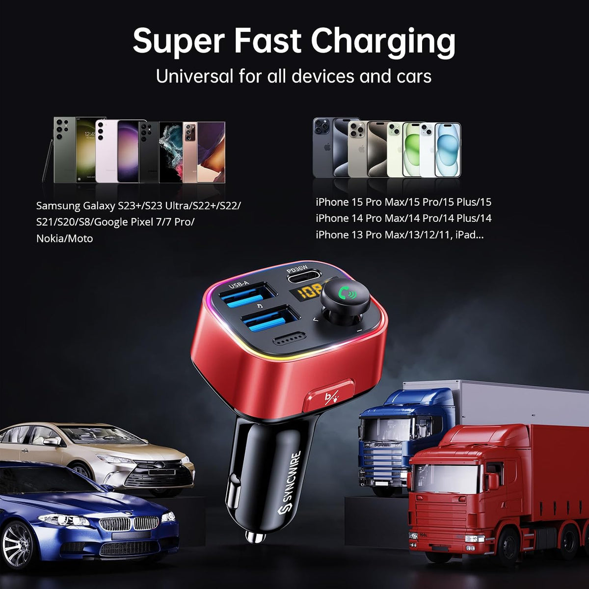 Syncwire Bluetooth 5.4 FM Transmitter Car Adapter 48W (PD 36W & 12W) [Light Switch] [HiFi Bass Sound] [Fast Charging] Wireless Radio Music Adapter LED Display Hands-Free Calling Support USB Drive