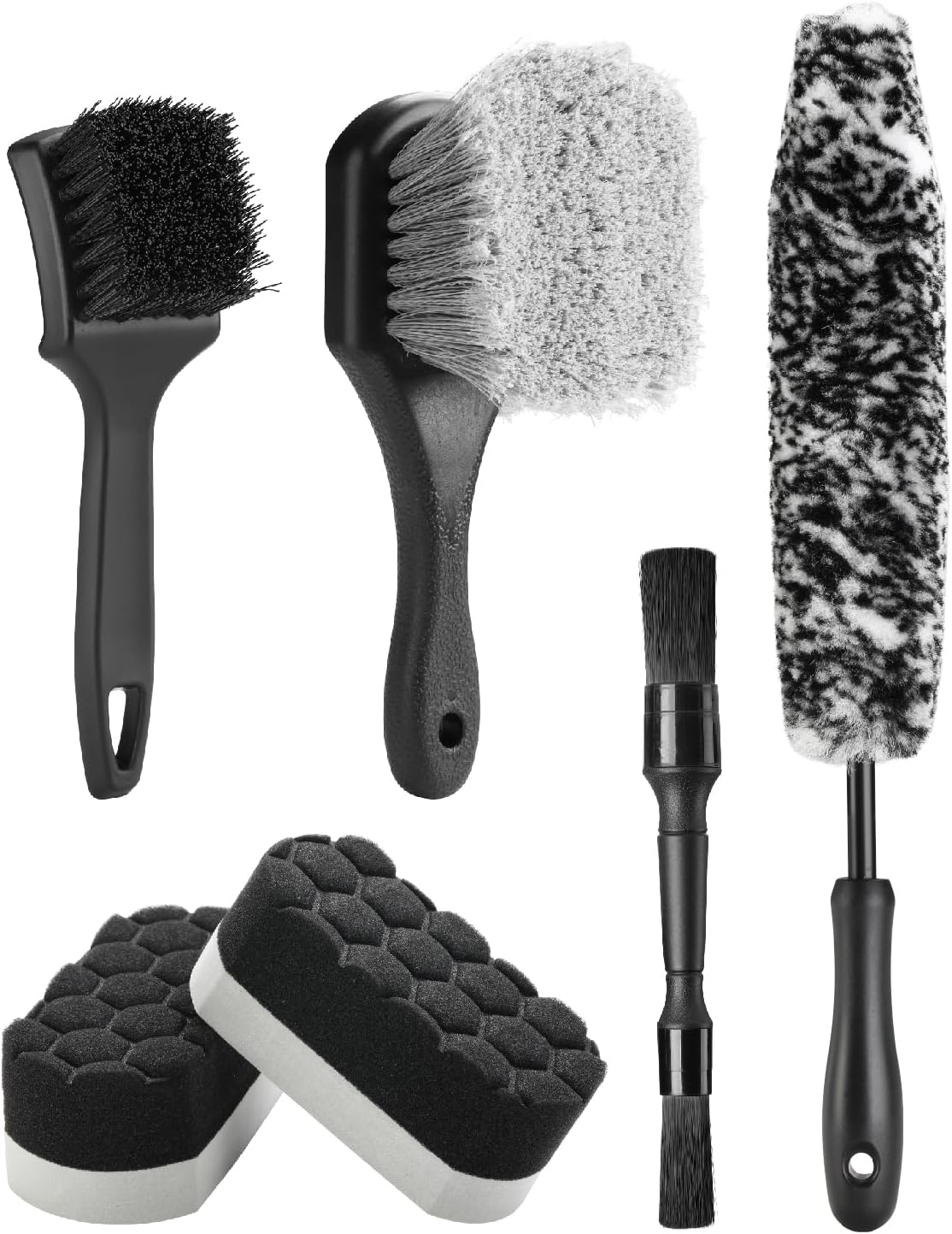Fantasticlean 7PCS Car Wheel Brush Kit, Tire Brush for Car Owners & Auto Detailers, Soft-bristled Rim Brush, Flat Wheel Brush, Double-Ended Detailing Brush and Pads for Home Shop, Cars Trucks RVs
