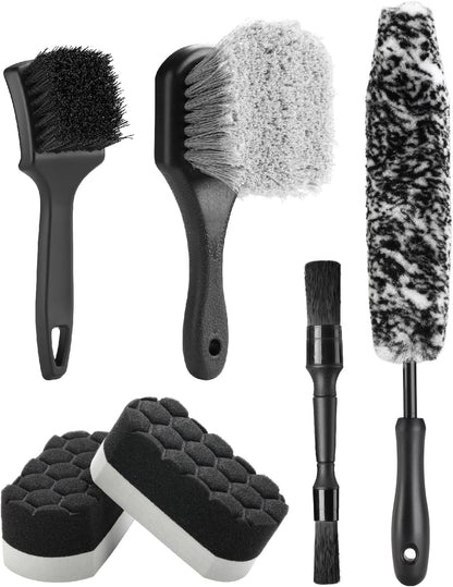 Fantasticlean 7PCS Car Wheel Brush Kit, Tire Brush for Car Owners & Auto Detailers, Soft-bristled Rim Brush, Flat Wheel Brush, Double-Ended Detailing Brush and Pads for Home Shop, Cars Trucks RVs