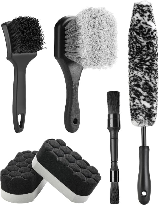 Fantasticlean 7PCS Car Wheel Brush Kit, Tire Brush for Car Owners & Auto Detailers, Soft-bristled Rim Brush, Flat Wheel Brush, Double-Ended Detailing Brush and Pads for Home Shop, Cars Trucks RVs