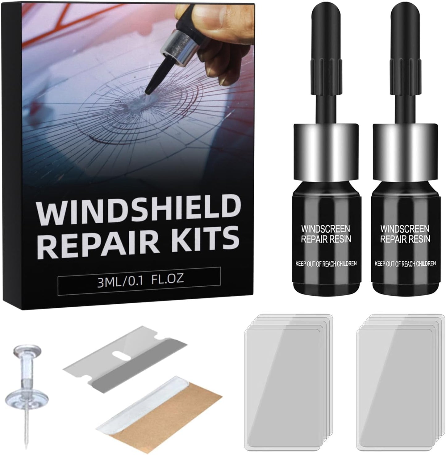 Windshield Repair Kit, Car Windshield Chip Repair Kit, Nano Glass Crack Repair, Auto Glass Crack Chip Quick Fix Tools, Bulls-Eye and Star-Shaped Crack-2 Bottles